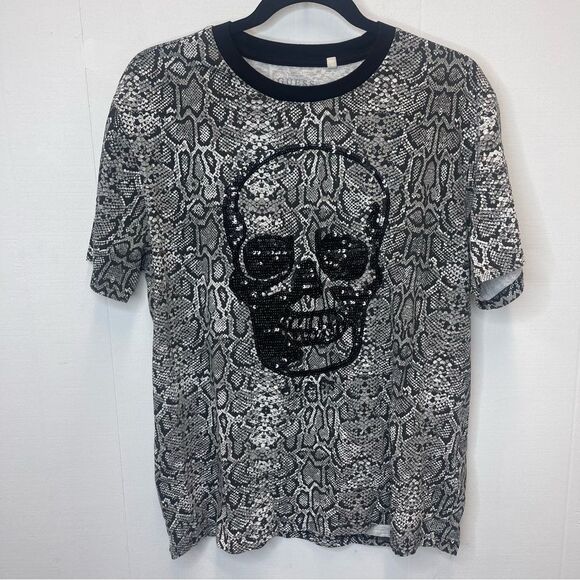 Guess Women’s Size Large Snake Print Skull Tee Top Black and Gray Sequin Rock - Picture 3 of 8
